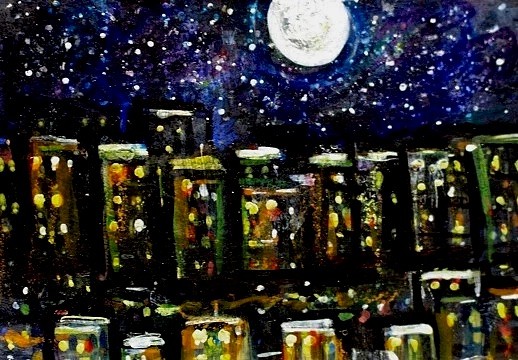 ACEO Original Painting CITY Buildings Night Moon Stars NY Landscape Lights ART