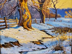 Original Oil Art Framed winter landscape painting with trees and bright blue sky