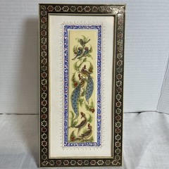 Persian Hand Painted Birds Peacock Flowers on Camel Bone in Khatam Inlay Frame