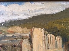 Tom Komala (20th Century) “Haystacks” 8 1/4” x 11 1/4” Oil on Board Signed LR