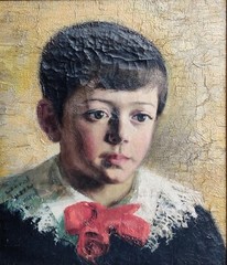 PORTRAIT OF A BOY WITH LACE COLLAR, beautiful original antique oil, dated 1887.