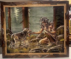 Vintage Original E Sanchez Velvet Native American Indian Feeding Wolf Painting