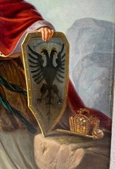 Lorenz Clasen Oil Painting German Woman Warrior Rhine River Coat Of Arms 19th C.