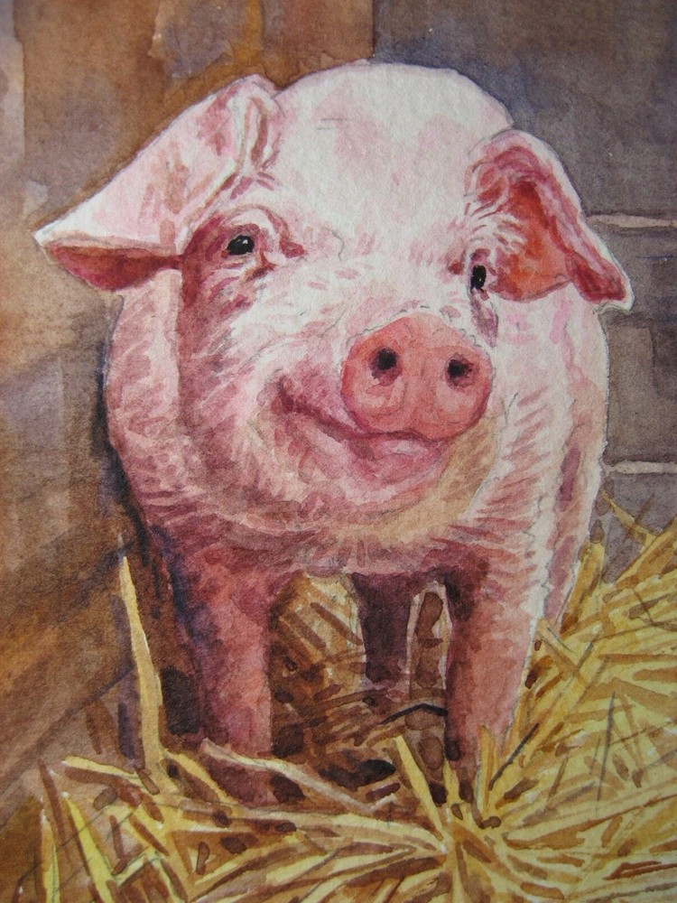 Watercolor Painting Pig Farm Animals ACEO Art ‚