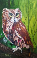 Owl Original Oil Painting Forest Trees Animals Hand Painted Bird Art 12×8 inches