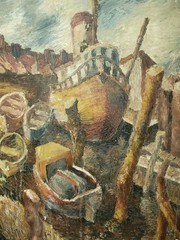 Vintage Oil Painting Fishing Boat Harbor Scene Original Artwork