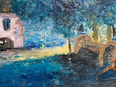Farmhouse Night Fields Moonlight Blue Mountains Barn Hay Antique