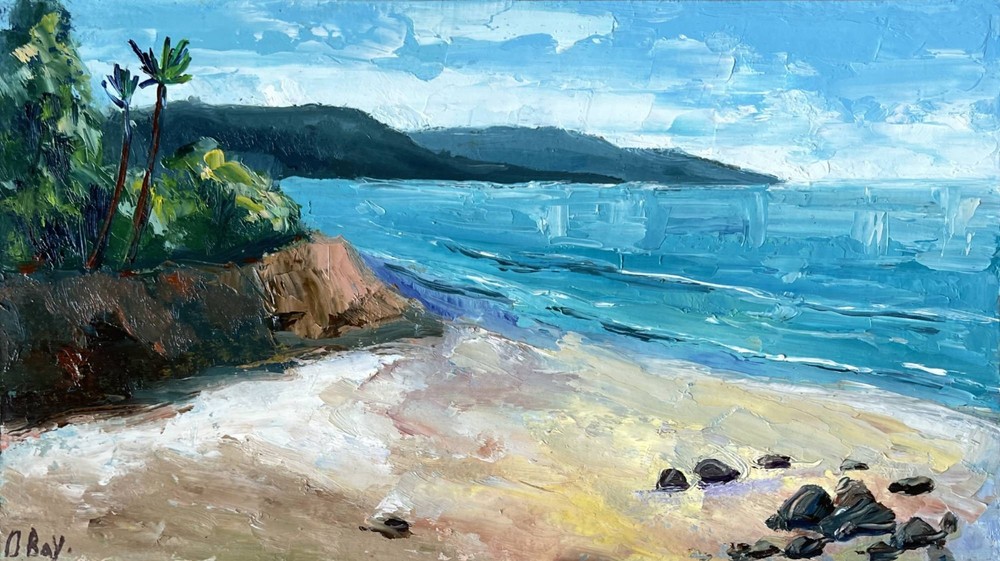 Hawaii Painting Sea Original Art Impasto Oil Painting Beach Art 6×11″ signed