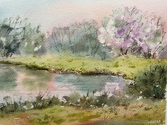 Original Watercolor Painting Landscape Nature Sunset Lake Spring – 7×9 inches
