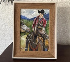 ORIGINAL OIL PAINTING WESTERN COWBOY HORSES SIGNED FRAMED 5×7