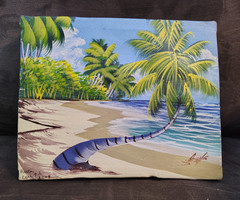 Signed Beach Seascape Palm Trees Ocean Painting on Canvas 2008, 10×9″