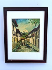 Original Oil on canvas Artist R. Salguero „Calle De Quito“ 12.6” X 16.2” Framed