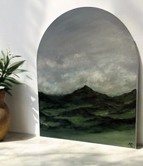16×20 Original, Fine Art, Arched, Signed Moody Mountain Painting On Canvas
