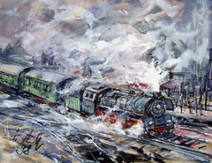 Heinz Hautt 1925 Castrop Rauxel-Hagen/steam locomotive/painting, signed