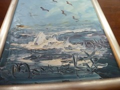 SIGNED MORRIS KATZ BEACH SEASHORE BIRDS SEASCAPE OIL PAINTING ON MASONITE 1988