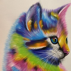 Oil Painting 20×24 rainbow cat on white background bright colors