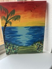 Original Seascape Canvas Painting Sunset Ocean Palm Tree Bird, OOAK Unframed