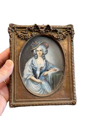 Antique 19th Century Miniature Portrait in Fancy Gilded Gesso on Wood Frame