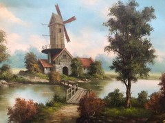 T METZA Original HUGE DUTCH LANDSCAPE RIVER BRIDGE HOLLAND WINDMILL Oil & Canvas