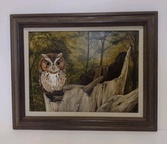 Vintage 1970s Joan Henley Original Owl Painting Woodland Rustic Art Americana