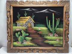 Vtg Black Velvet Painting Desert Cabin Cactus Mexico Carved Wood Frame 24”x 20”