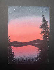 Small Sunset Lake Mountains Trees Landscape Watercolor Painting Unframed