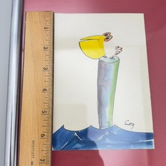 Original Barbara Entz Watercolor Painting Signed Vintage 1970s Whimsical Pelican