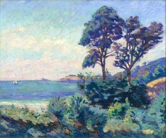 Art Oil painting stunning impressionism landscape with trees by the ocean canvas