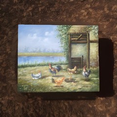 Vntg Original Oil Painting Rooster Chickens Farm Life Lake 24” X 20” Free Ship!
