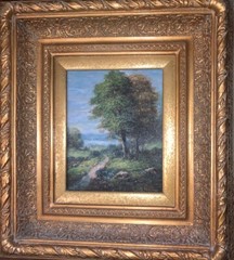 VTG Signed Summer Landscape Trees Lake Mtns Canvas Frame 20.5”T 18 3/8”W 3.75”D