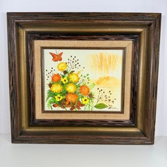 Vintage Framed Floral Painting Whimsical Butterfly Art Signed Hison