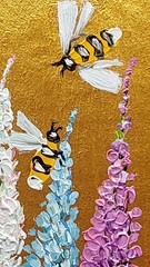 Bumblebee Original Painting Gold Framed Wildflowers Bluebonnet Wall Art Handmade