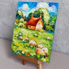 original oil painting Irish Cottage Sheep Landscape Impasto wall art 8*8 inch