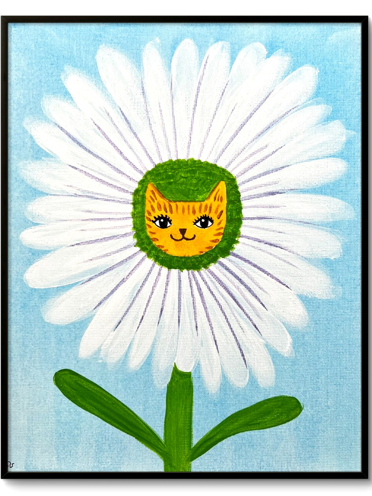 Daisy Cat Flower Original Acrylic Painting Whimsical Cat Art 8×10 Sienna Gold