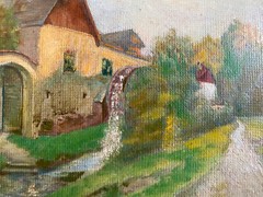Oil painting Monogr. E.S. Path at the edge of a watermill with meadows and trees