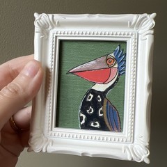 Print Of My Art Funny Pelican Bird funny,cute,miniature Painting,small, framed