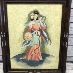 Watercolor Mid Century Painting Asian Japanese Lady in Kimono Ornate Wood Frame
