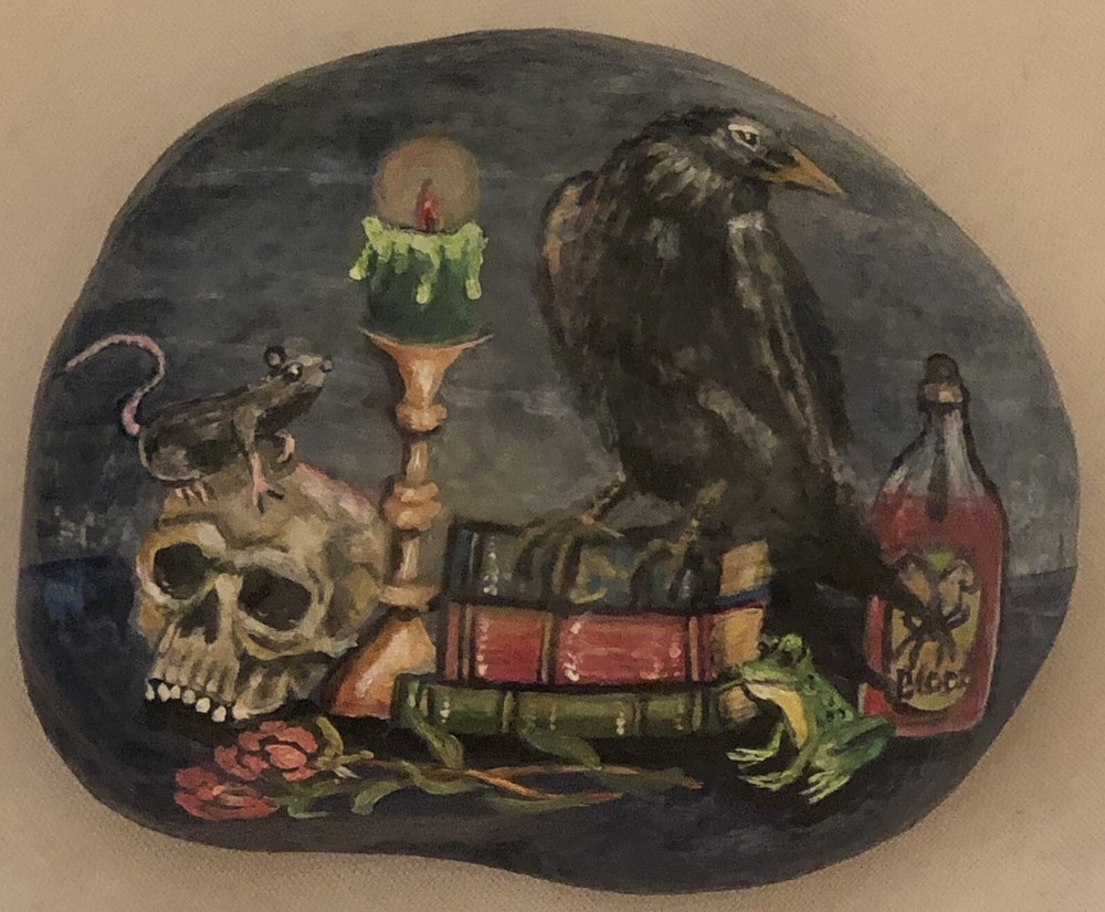 Hand Painted Art Rock Gothic Crow Sitting On Books By Anne Bodenburg