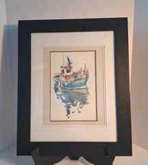 Vintage 1993 OOAK Watercolor Painting; Boat In The Harbor On Water;Matted,Framed