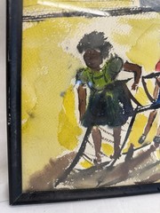 Original Watercolor Painting Children Village Street Scene Signed OHS Framed 23x