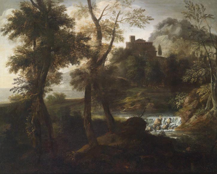 Ｏｉｌ　ｐａｉｎｔｉｎｇ wonderful ancient landscape with forest stream brook castle canvas