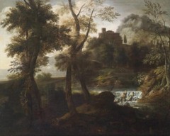 Ｏｉｌ　ｐａｉｎｔｉｎｇ wonderful ancient landscape with forest stream brook castle canvas
