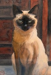 Vintage French Watercolor Painting,  Portrait of a Siamese Cat, Signed