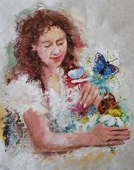 YARY DLUHOS Girl Figure Portrait Flowers Butterflies Original Art Oil Painting