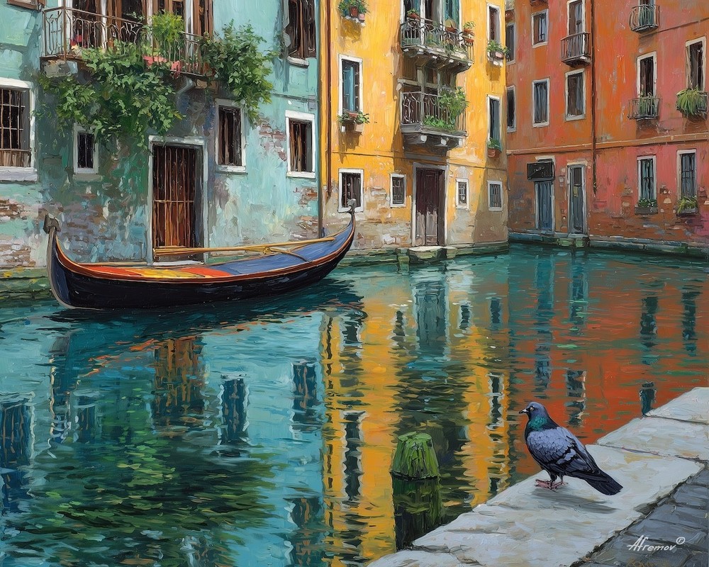 Leonid Afremov QUIET CANAL Oil Painting 40″x32″ by Official Studio GICLEE