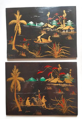 2 VTG Black Lacquer Gold Japanese Painting Wood Wall Art Plaque Signed