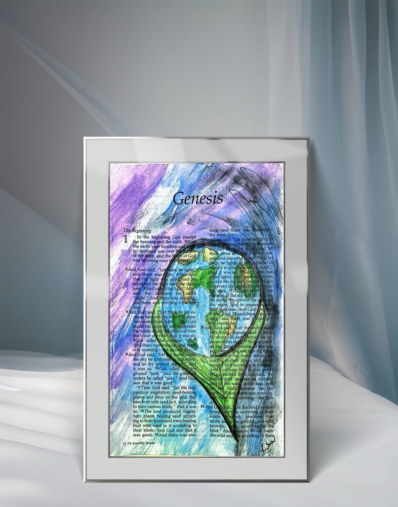 Inspirational Original Art „Genesis“ 5.25 x 8.25 Bible Page Wall Art Christian