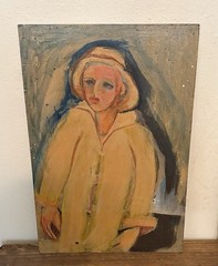 JANICE R SACHSE Vintage Oil Encaustic? Painting on Panel Young Boy in Raincoat