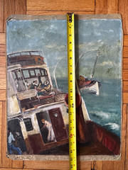 Vintage 1930s Oil on Canvas Landscape Nautical Boat Scene 15×19 Jean Schweckler