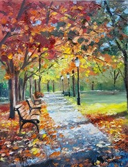 YARY DLUHOS Autumn Park Fall Landscape Trees Leaves Original Art Oil Painting